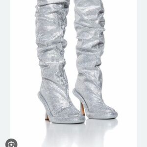 Azalea Wang Glamorous Silver Rhinestone Over-the-Knee Boots New Never Worn!
